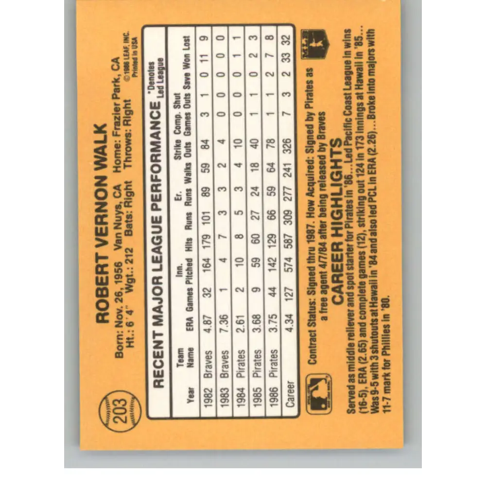 1987 Donruss #203 Bob Walk EX Excellent Pittsburgh Pirates Baseball Card Image 2