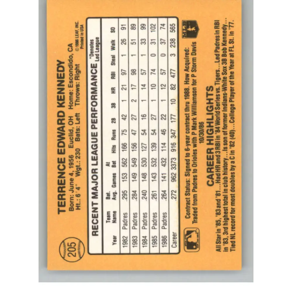 1987 Donruss #205 Terry Kennedy EX Excellent San Diego Padres Baseball Card Image 2