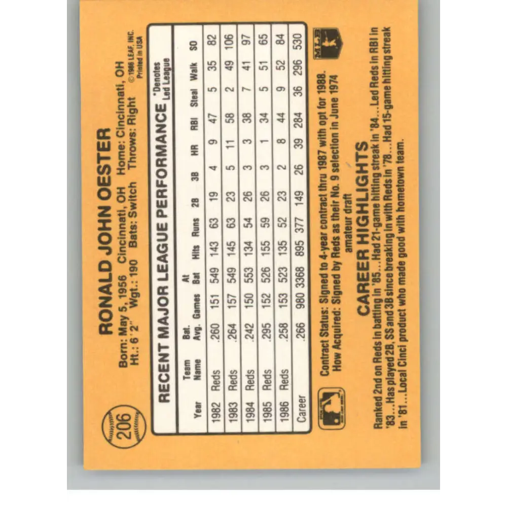 1987 Donruss #206 Ron Oester EX Excellent Cincinnati Reds Baseball Card Image 2