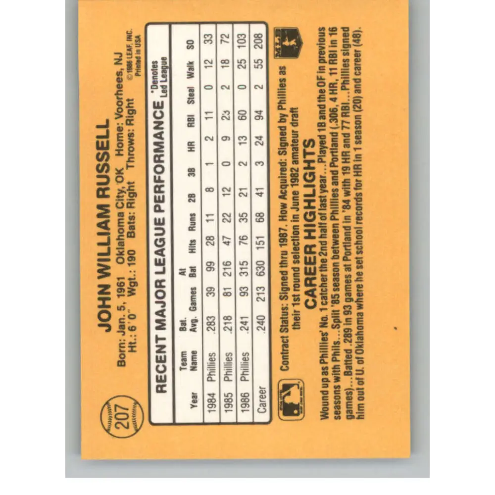 1987 Donruss #207 John Russell EX Excellent Philadelphia Phillies Baseball Card Image 2