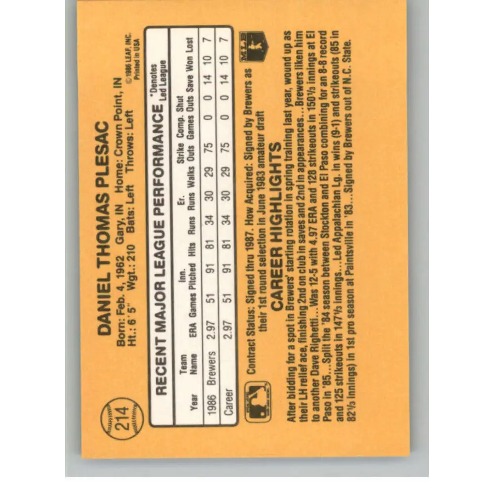 1987 Donruss #214 Dan Plesac EX Excellent Milwaukee Brewers Baseball Card Image 2