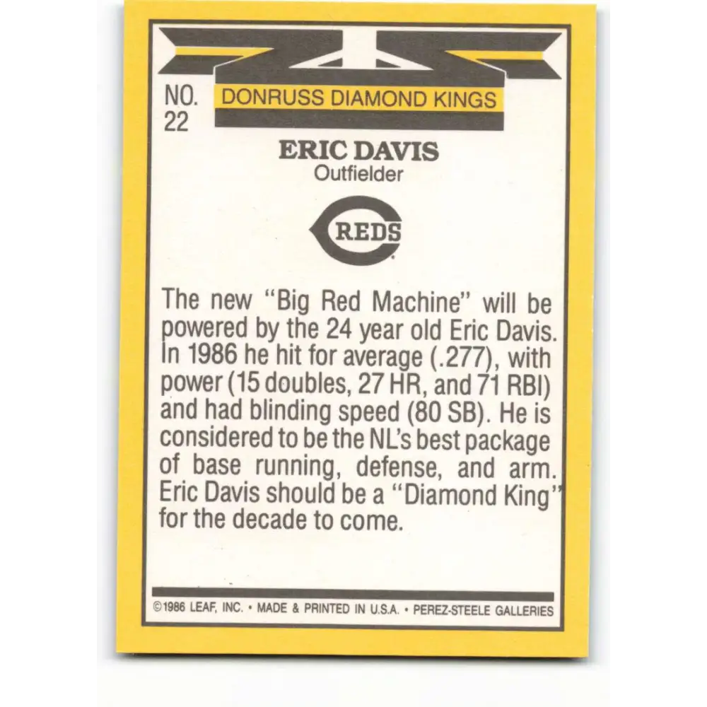 1987 Donruss #22 Eric Davis EX Excellent Cincinnati Reds Baseball Card Image 2