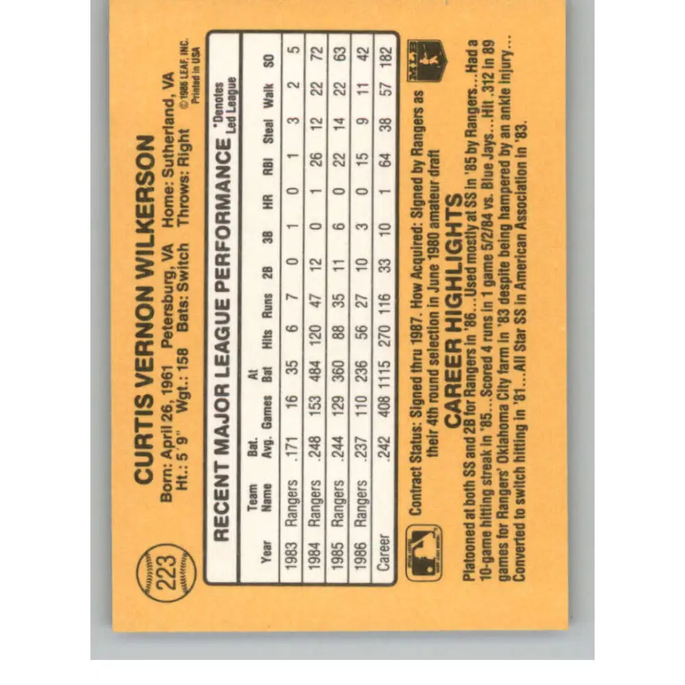 1987 Donruss #223 Curtis Wilkerson EX Excellent Texas Rangers Baseball Card Image 2