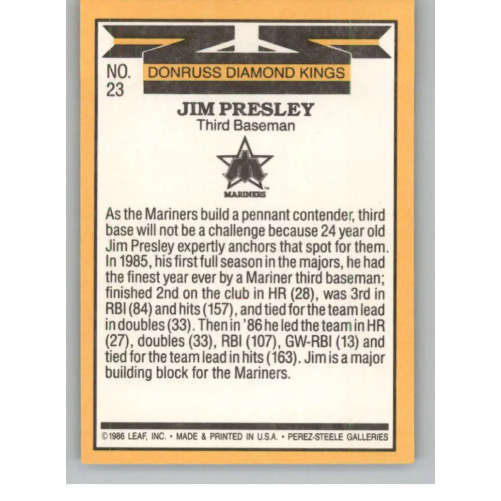 1987 Donruss #23 Jim Presley EX Excellent Seattle Mariners Baseball Card Image 2