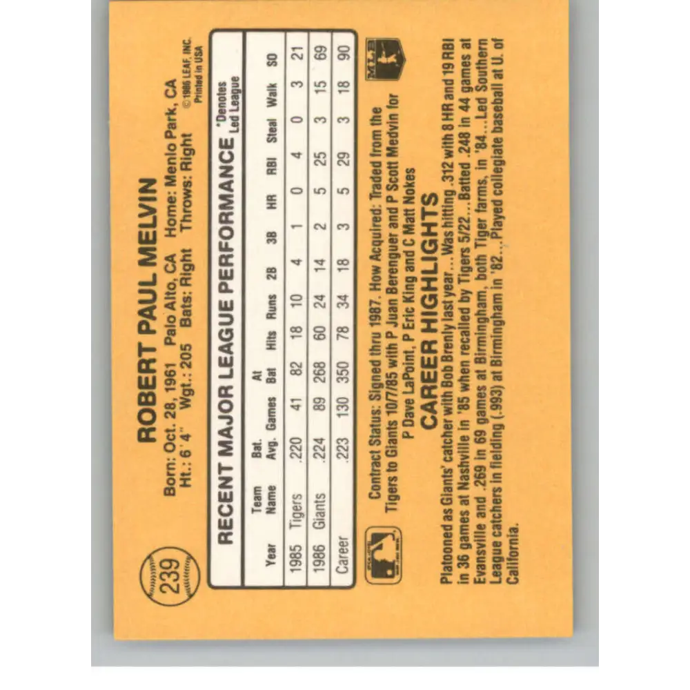 1987 Donruss #239 Bob Melvin EX Excellent San Francisco Giants Baseball Card Image 2