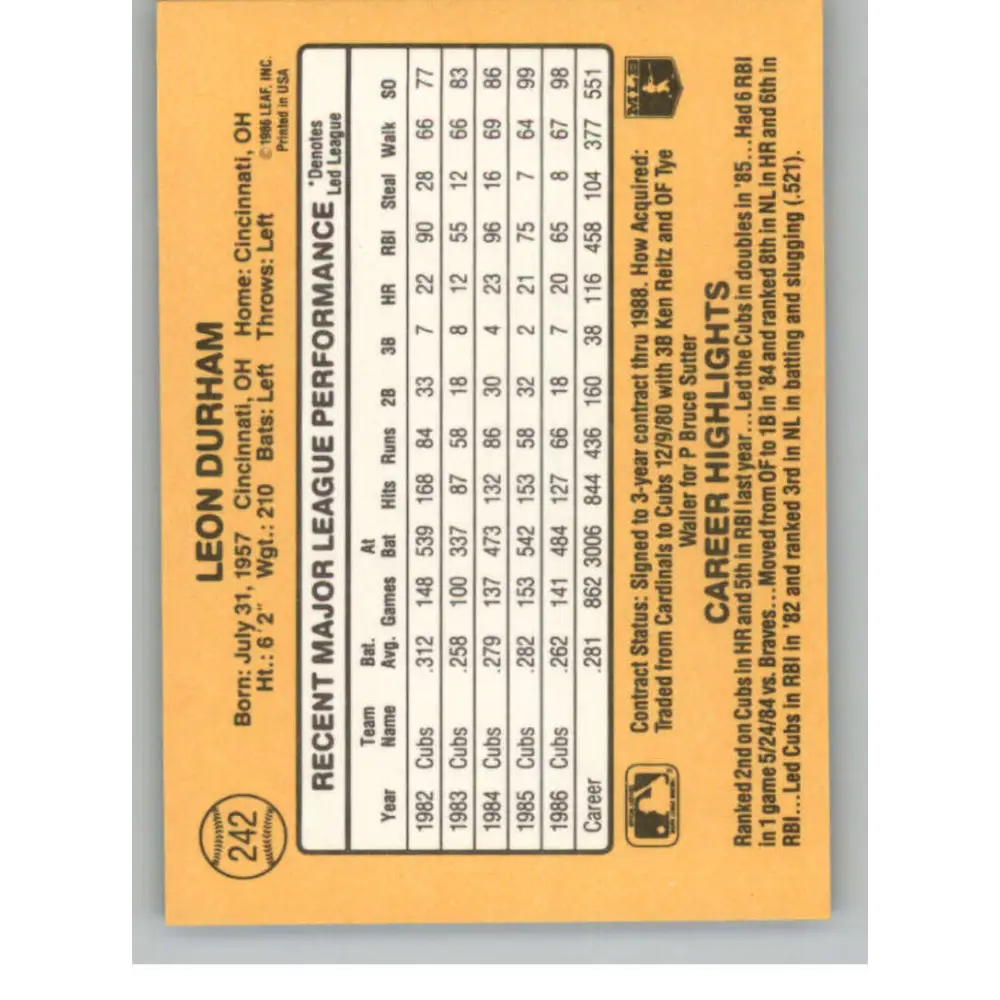 1987 Donruss #242 Leon Durham EX Excellent Chicago Cubs Baseball Card Image 2