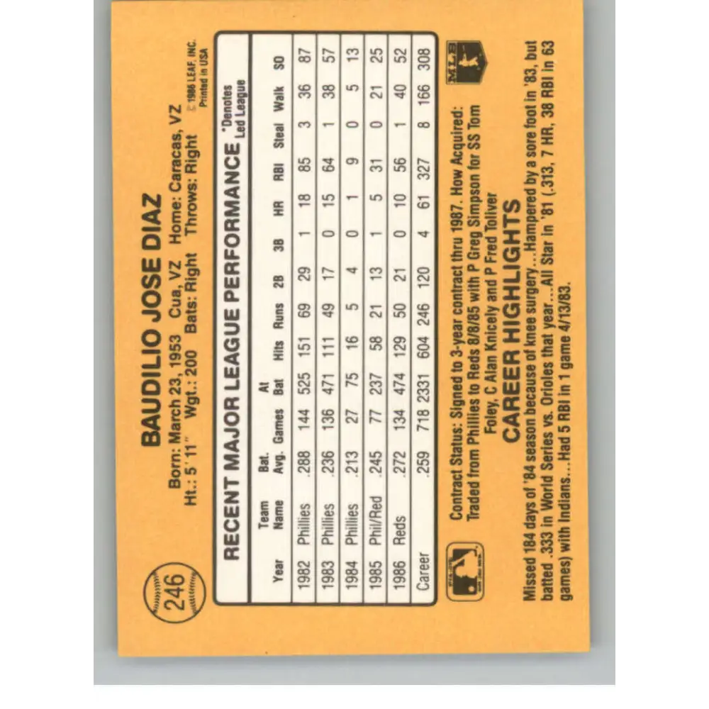 1987 Donruss #246 Bo Diaz EX Cincinnati Reds Baseball Card Image 2