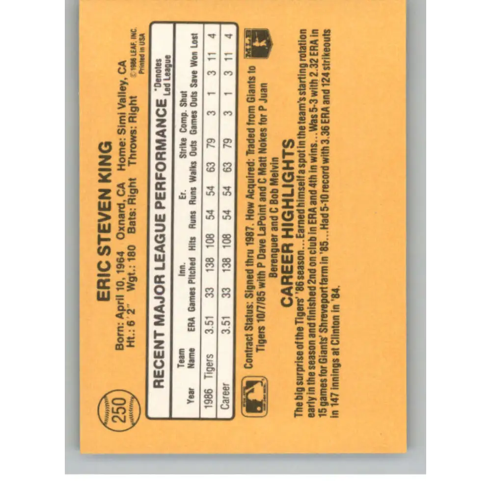 1987 Donruss #250 Eric King EX Excellent RC Rookie Detroit Tigers Baseball Card Image 2