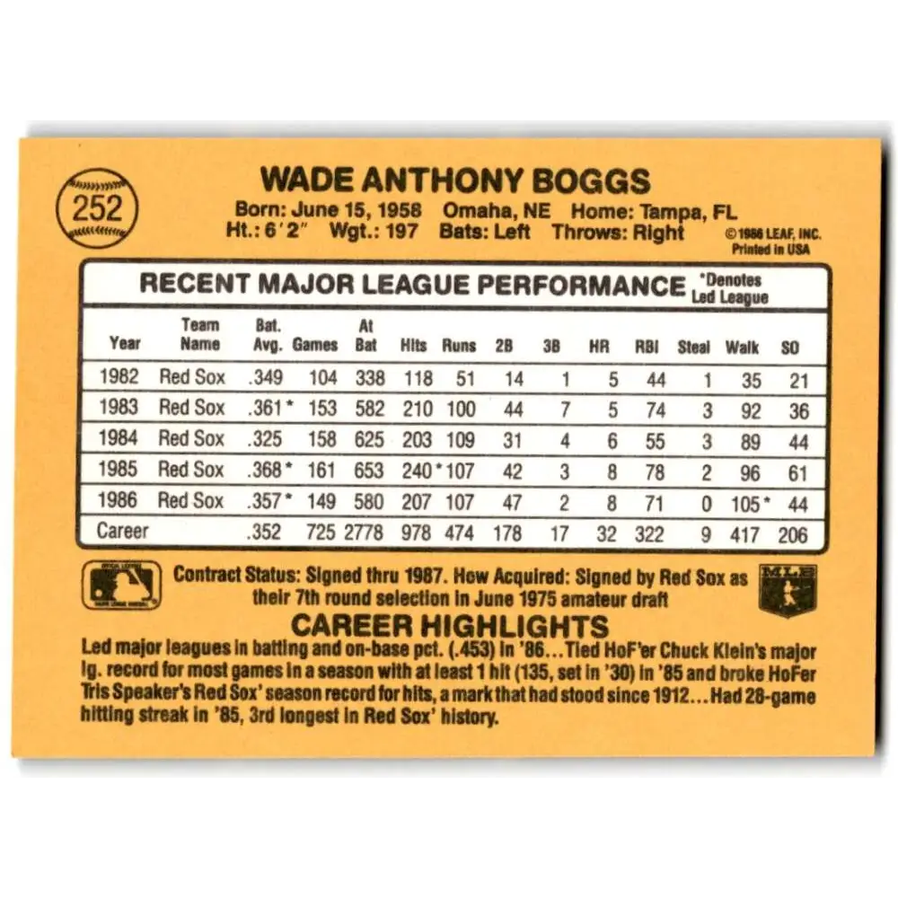1987 Donruss #252 Wade Boggs EX Excellent Boston Red Sox Baseball Card Image 2