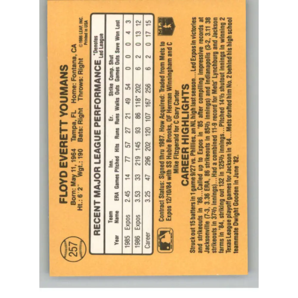 1987 Donruss #257 Floyd Youmans EX Excellent Montreal Expos Baseball Card Image 2