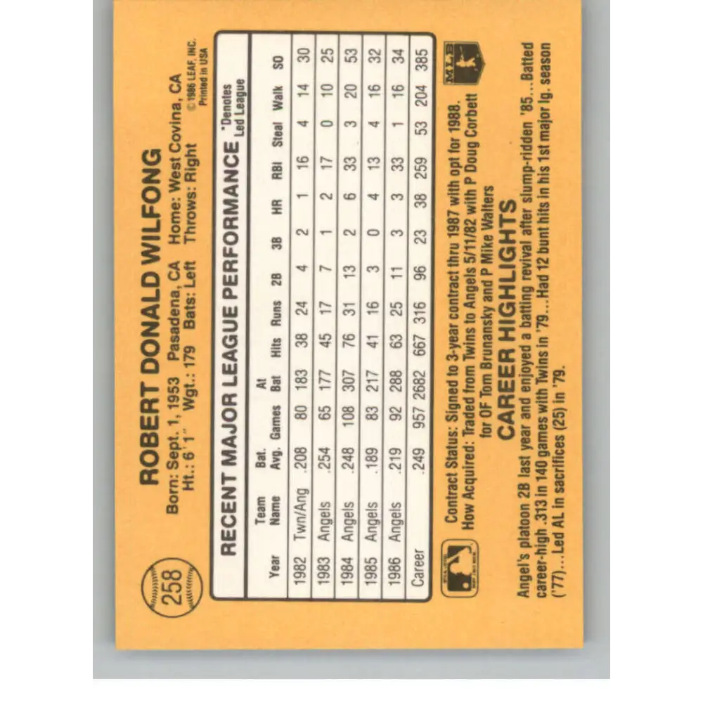 1987 Donruss #258 Rob Wilfong EX Excellent California Angels Baseball Card Image 2