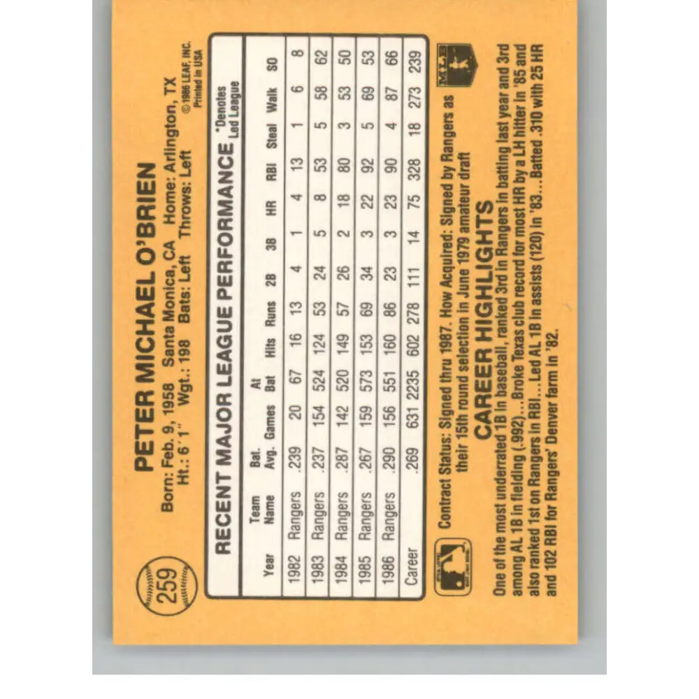 1987 Donruss #259 Pete O'Brien EX Excellent Texas Rangers Baseball Card Image 2