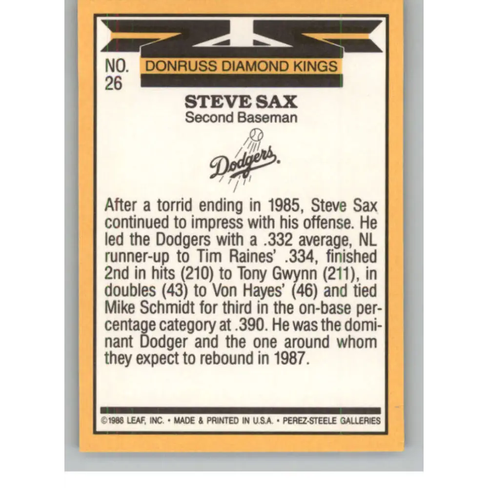 1987 Donruss #26 Steve Sax EX Excellent Los Angeles Dodgers Baseball Card Image 2
