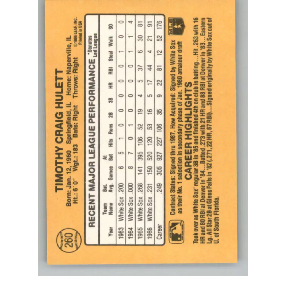 1987 Donruss #260 Tim Hulett EX Excellent Chicago White Sox Baseball Card Image 2