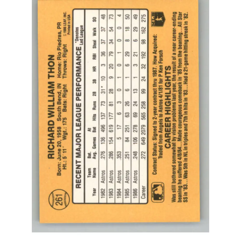 1987 Donruss #261 Dickie Thon EX Excellent Houston Astros Baseball Card Image 2