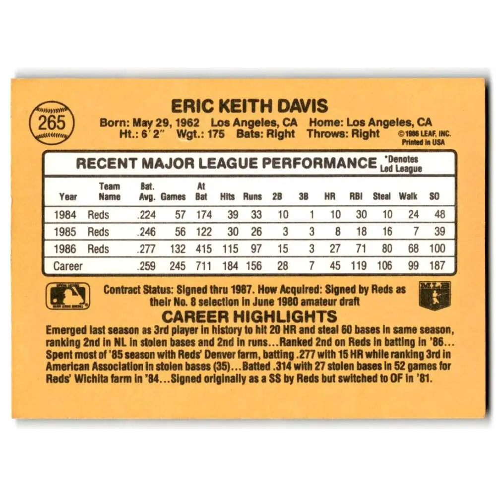 1987 Donruss #265 Eric Davis EX Excellent Cincinnati Reds Baseball Card Image 2