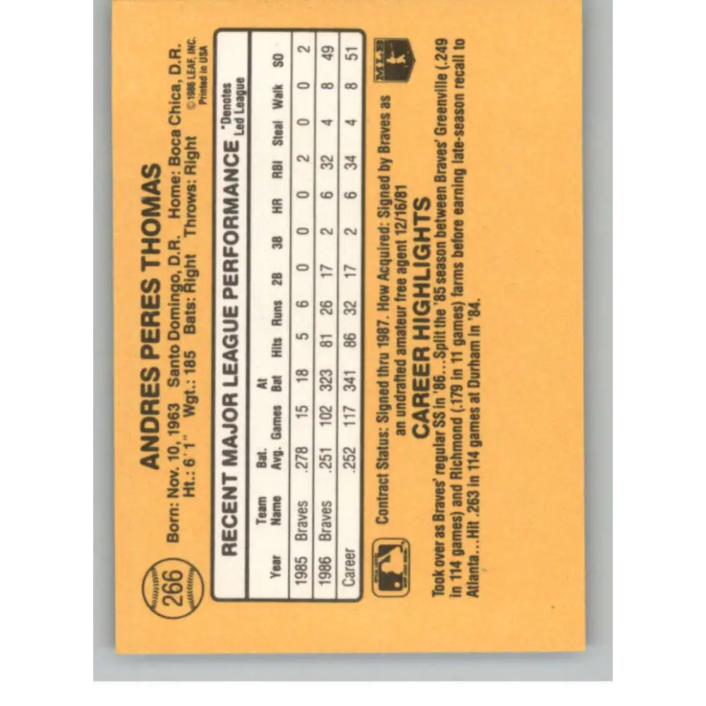1987 Donruss #266 Andres Thomas EX Excellent Atlanta Braves Baseball Card Image 2