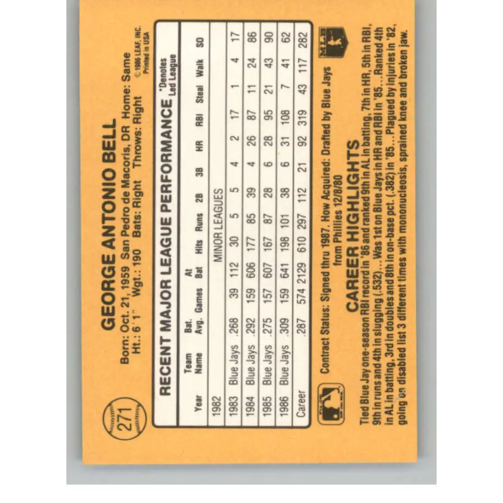 1987 Donruss #271 George Bell EX Excellent Toronto Blue Jays Baseball Card Image 2