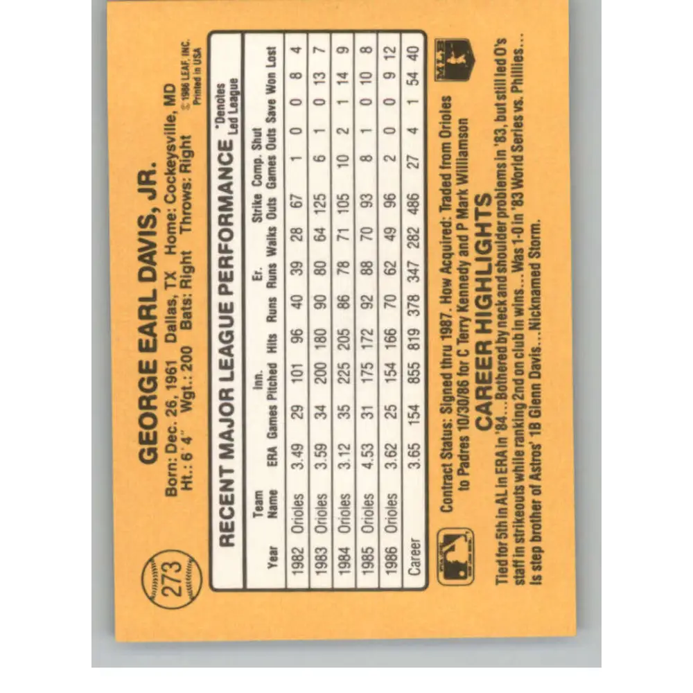 1987 Donruss #273 Storm Davis EX Excellent Baltimore Orioles Baseball Card Image 2