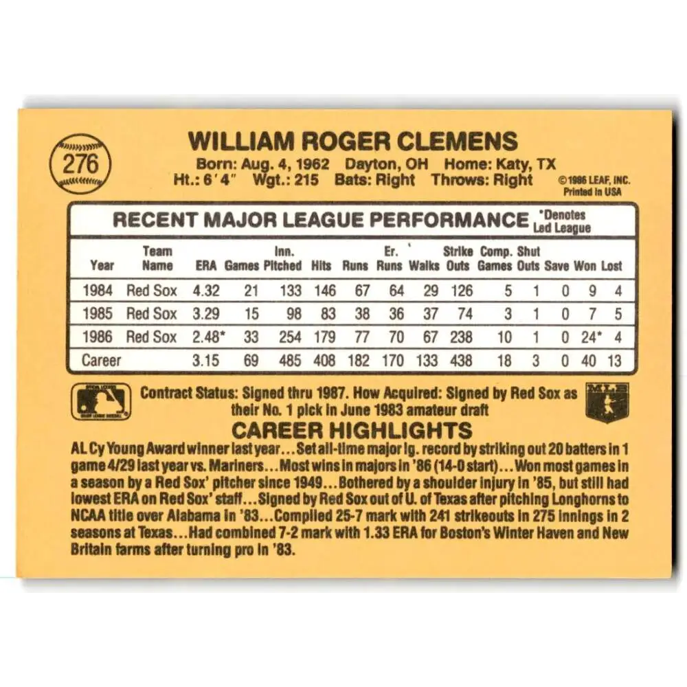 1987 Donruss #276 Roger Clemens EX Excellent Boston Red Sox Baseball Card Image 2