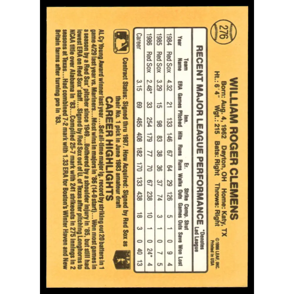 1987 Donruss #276 Roger Clemens EX/NM Boston Red Sox Baseball Card Image 2