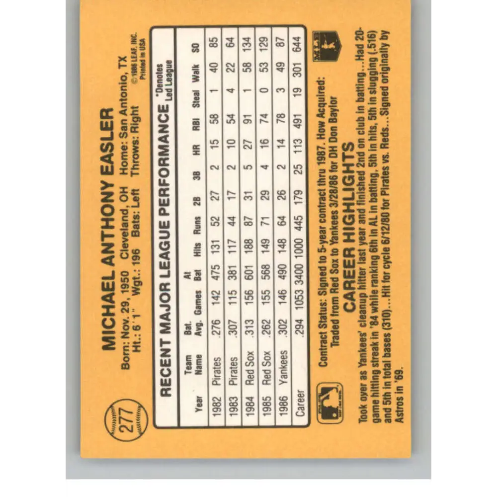1987 Donruss #277 Mike Easler EX Excellent New York Yankees Baseball Card Image 2