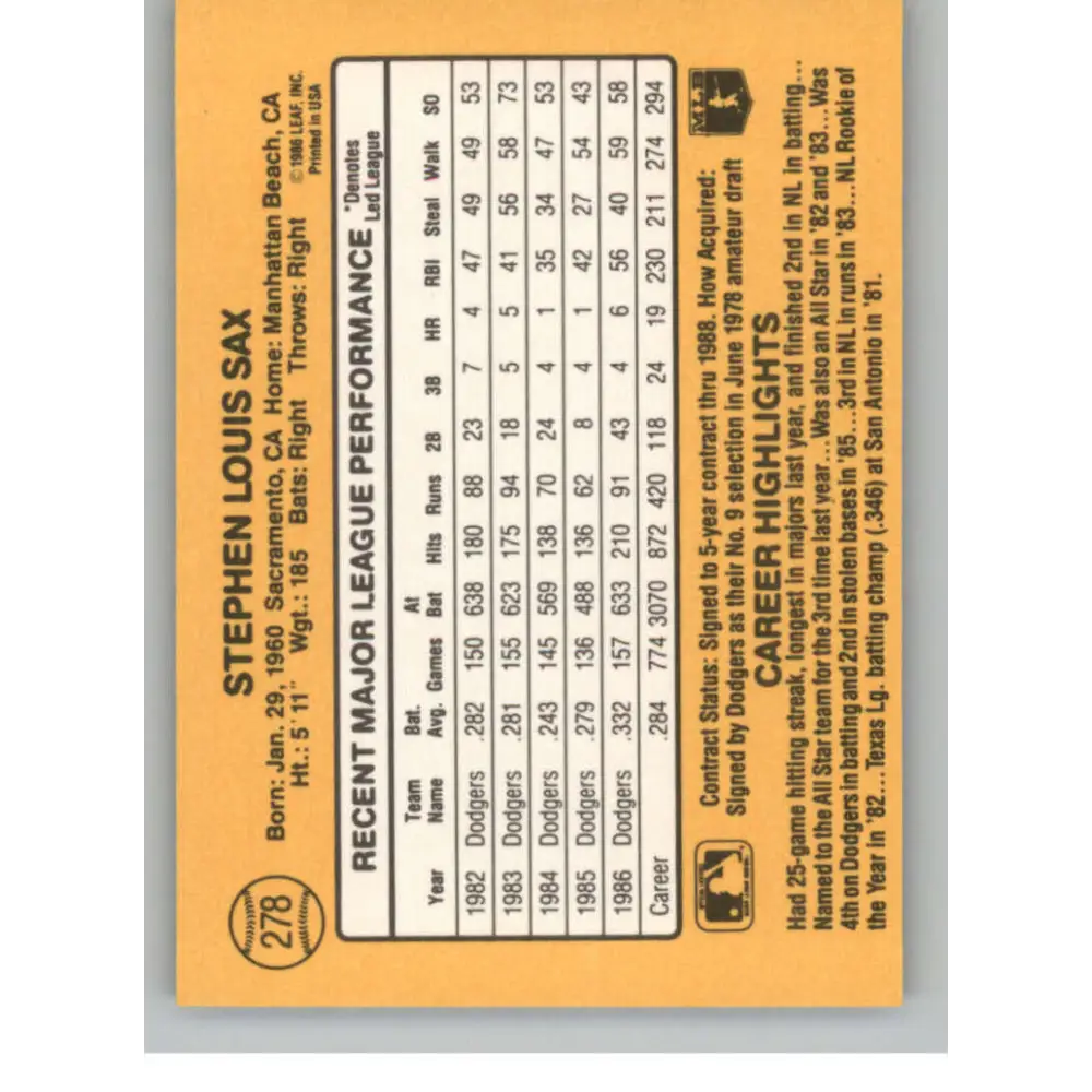 1987 Donruss #278 Steve Sax EX Excellent Los Angeles Dodgers Baseball Card Image 2