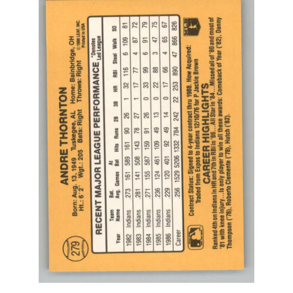 1987 Donruss #279 Andre Thornton EX Excellent Cleveland Indians Baseball Card Image 2