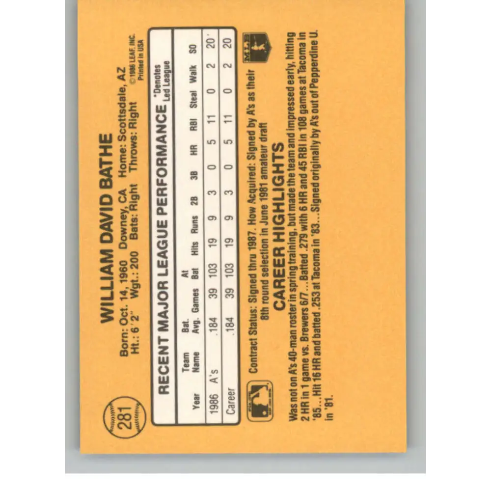 1987 Donruss #281 Bill Bathe EX Excellent RC Rookie Oakland Athletics Baseball Card Image 2