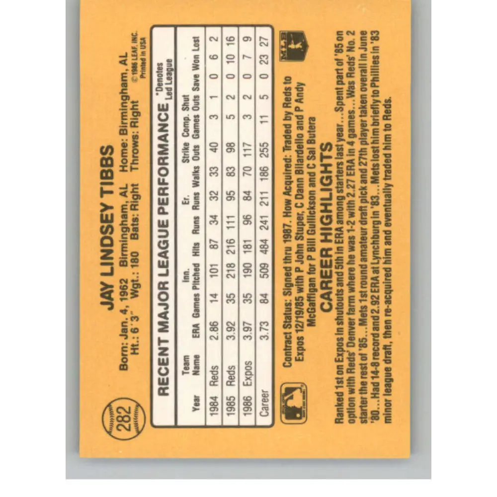 1987 Donruss #282 Jay Tibbs EX Excellent Montreal Expos Baseball Card Image 2