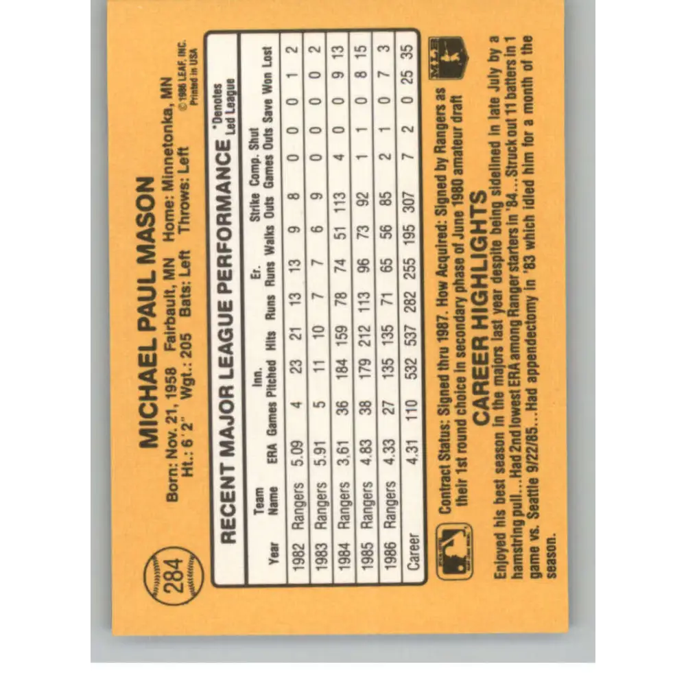 1987 Donruss #284 Mike Mason EX Excellent Texas Rangers Baseball Card Image 2