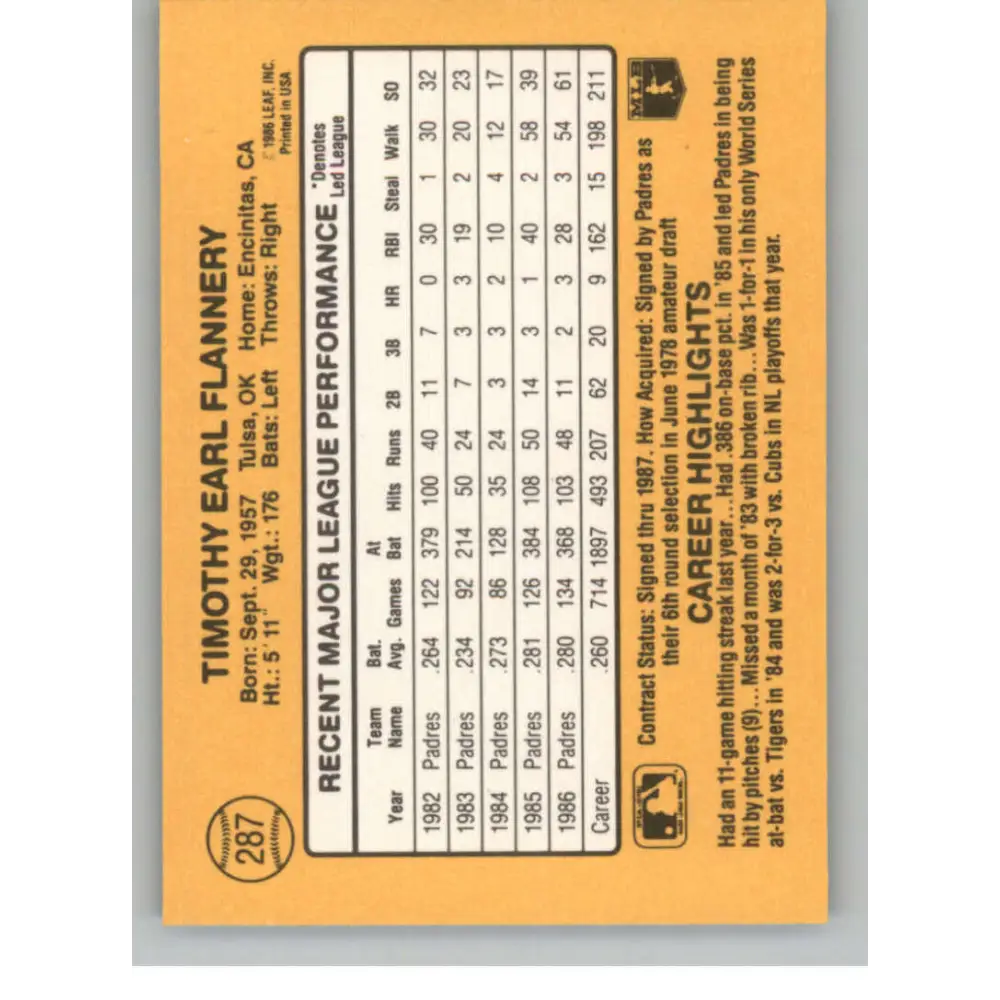 1987 Donruss #287 Tim Flannery EX Excellent San Diego Padres Baseball Card Image 2
