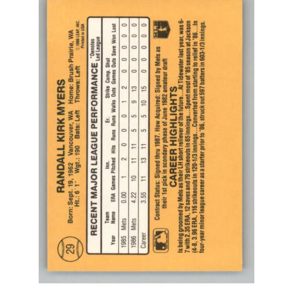1987 Donruss #29 Randy Myers EX Excellent RC Rookie New York Mets Baseball Card Image 2