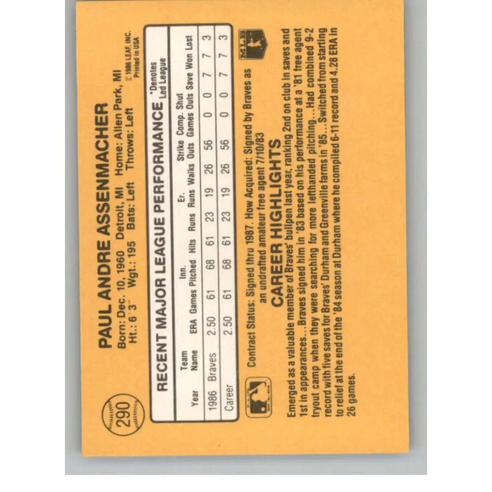 1987 Donruss #290 Paul Assenmacher EX Excellent RC Rookie Atlanta Braves Baseball Card Image 2