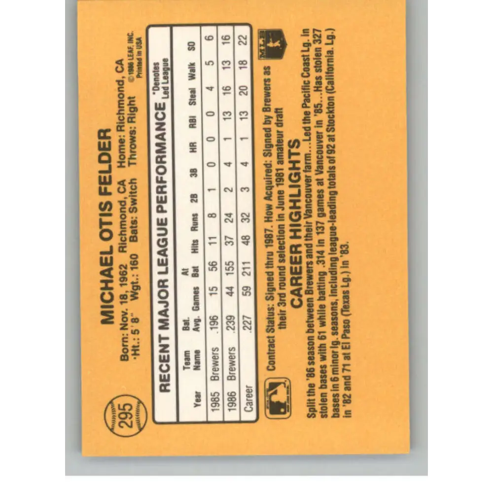 1987 Donruss #295 Mike Felder EX Excellent Milwaukee Brewers Baseball Card Image 2