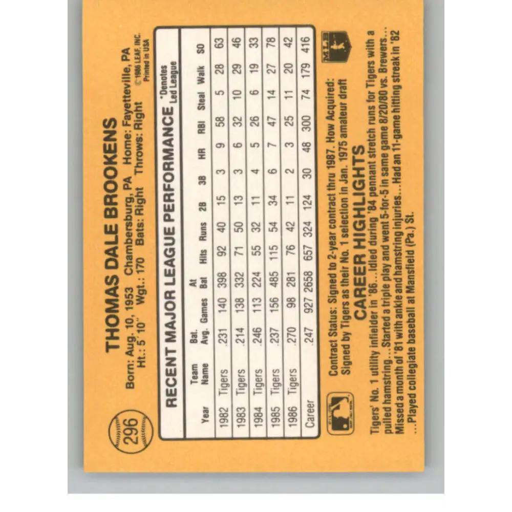 1987 Donruss #296 Tom Brookens EX Excellent Detroit Tigers Baseball Card Image 2
