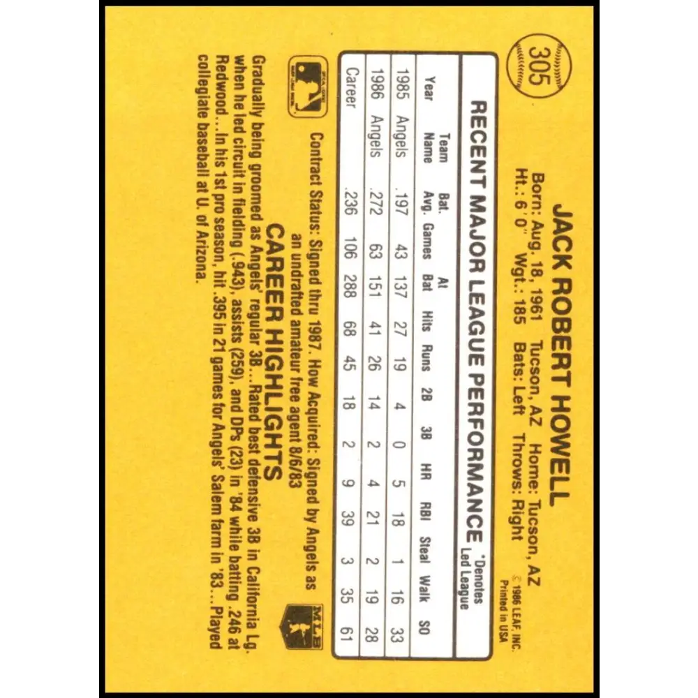 1987 Donruss #305 Jack Howell EX Excellent California Angels Baseball Card Image 2