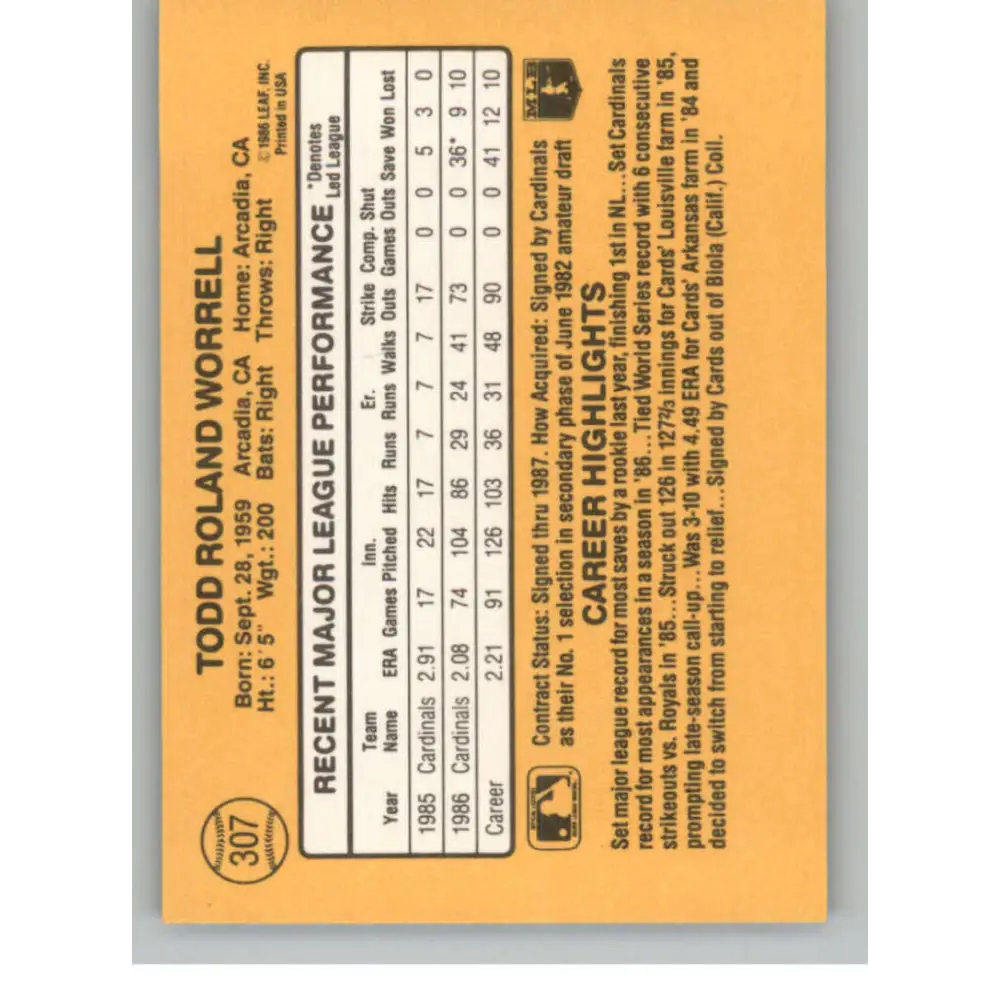 1987 Donruss #307 Todd Worrell EX Excellent St. Louis Cardinals Baseball Card Image 2