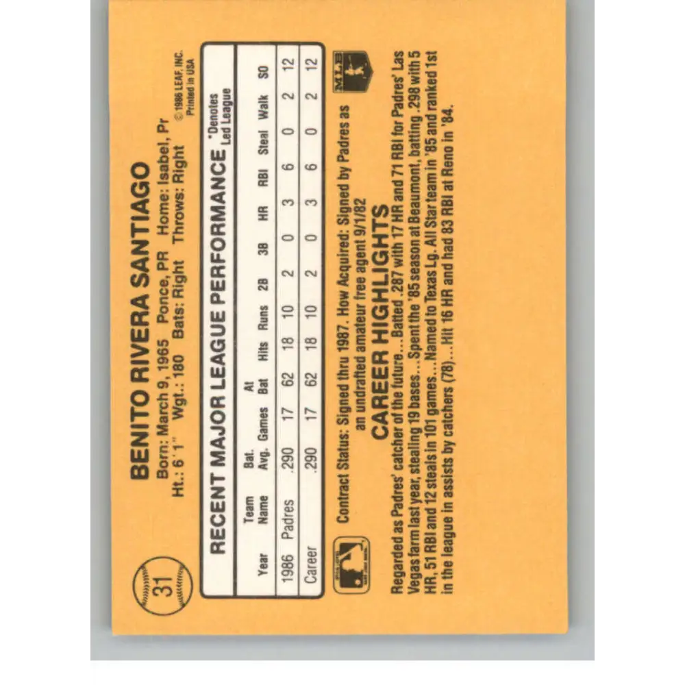 1987 Donruss #31 Benito Santiago EX Excellent San Diego Padres Baseball Card Image 2