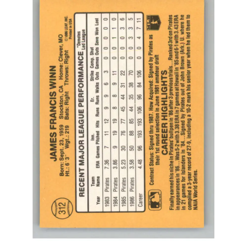 1987 Donruss #312 Jim Winn EX Excellent Pittsburgh Pirates Baseball Card Image 2