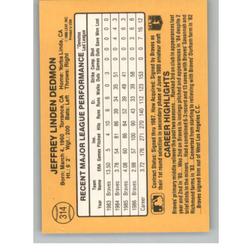 1987 Donruss #314 Jeff Dedmon EX Excellent Atlanta Braves Baseball Card Image 2