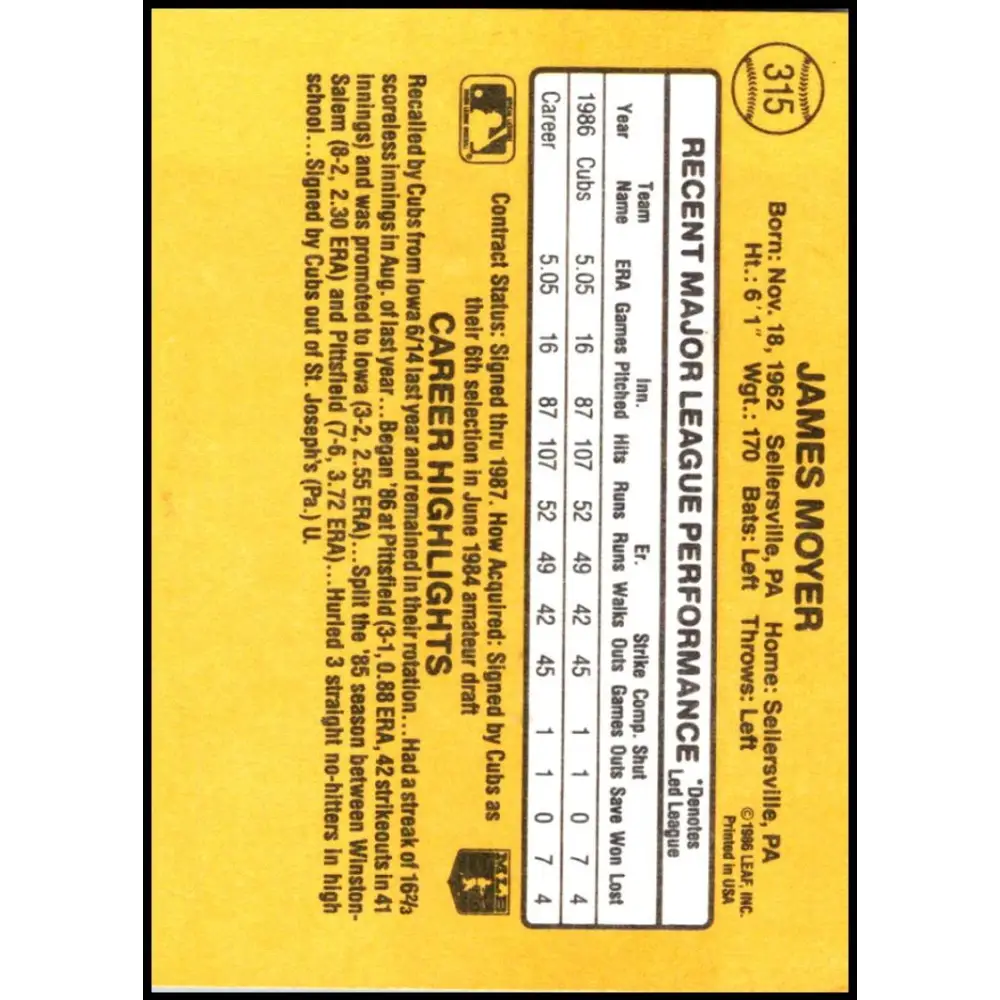 1987 Donruss #315 Jamie Moyer EX Excellent RC Rookie Chicago Cubs Baseball Card Image 2