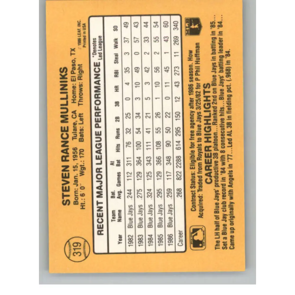 1987 Donruss #319 Rance Mulliniks EX Excellent Toronto Blue Jays Baseball Card Image 2