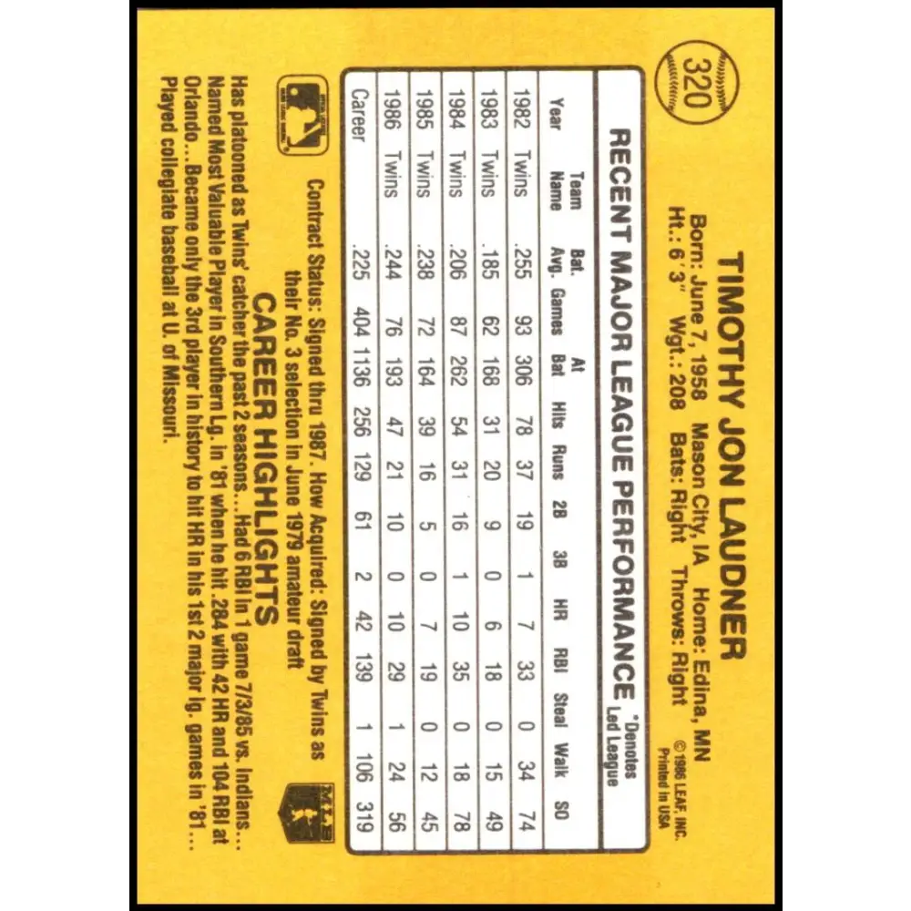 1987 Donruss #320 Tim Laudner EX Excellent Minnesota Twins Baseball Card Image 2