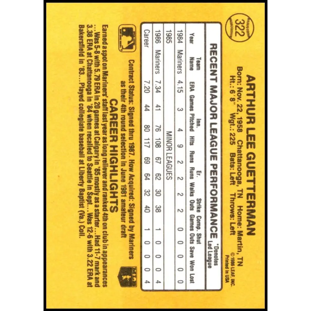 1987 Donruss #322 Lee Guetterman EX Excellent RC Rookie Seattle Mariners Baseball Card Image 2