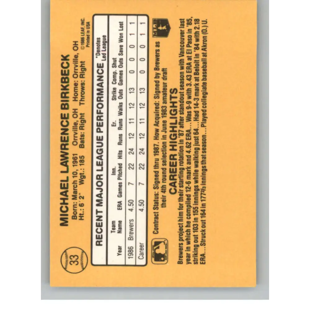 1987 Donruss #33 Mike Birkbeck EX Excellent RC Rookie Milwaukee Brewers Baseball Card Image 2