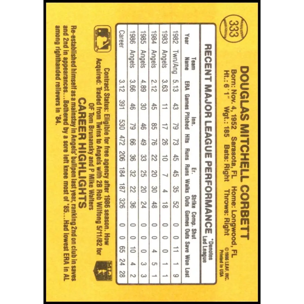 1987 Donruss #333 Doug Corbett EX Excellent California Angels Baseball Card Image 2