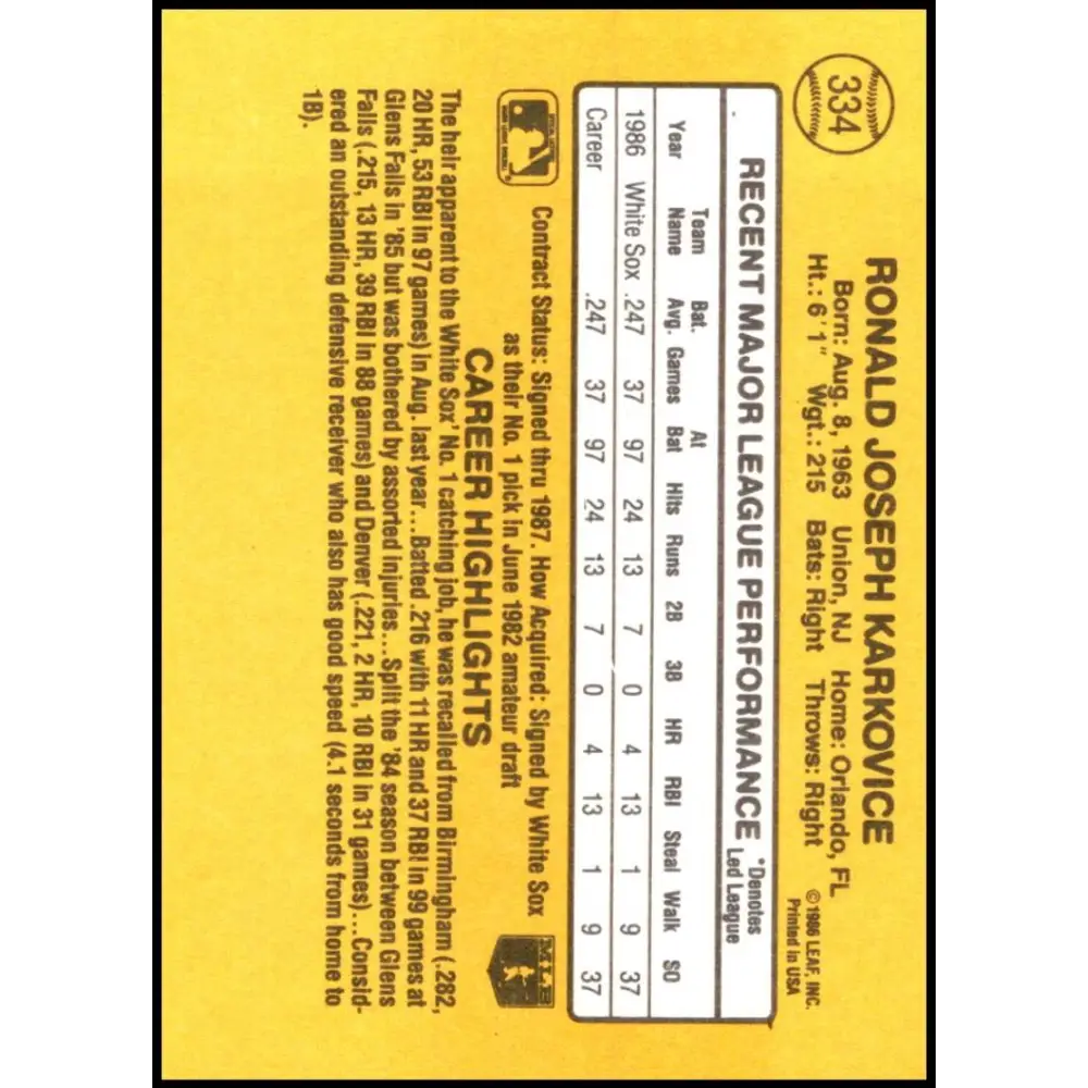 1987 Donruss #334 Ron Karkovice EX Excellent RC Rookie Chicago White Sox Baseball Card Image 2