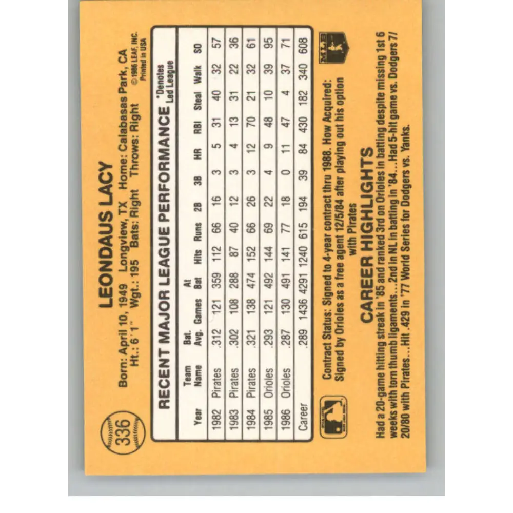 1987 Donruss #336 Lee Lacy EX Excellent Baltimore Orioles Baseball Card Image 2
