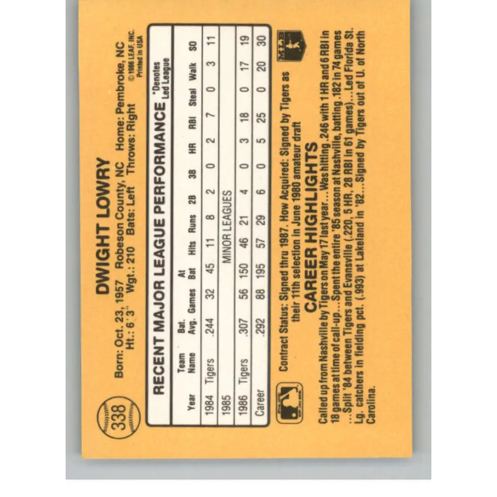 1987 Donruss #338 Dwight Lowry EX Excellent RC Rookie Detroit Tigers Baseball Card Image 2